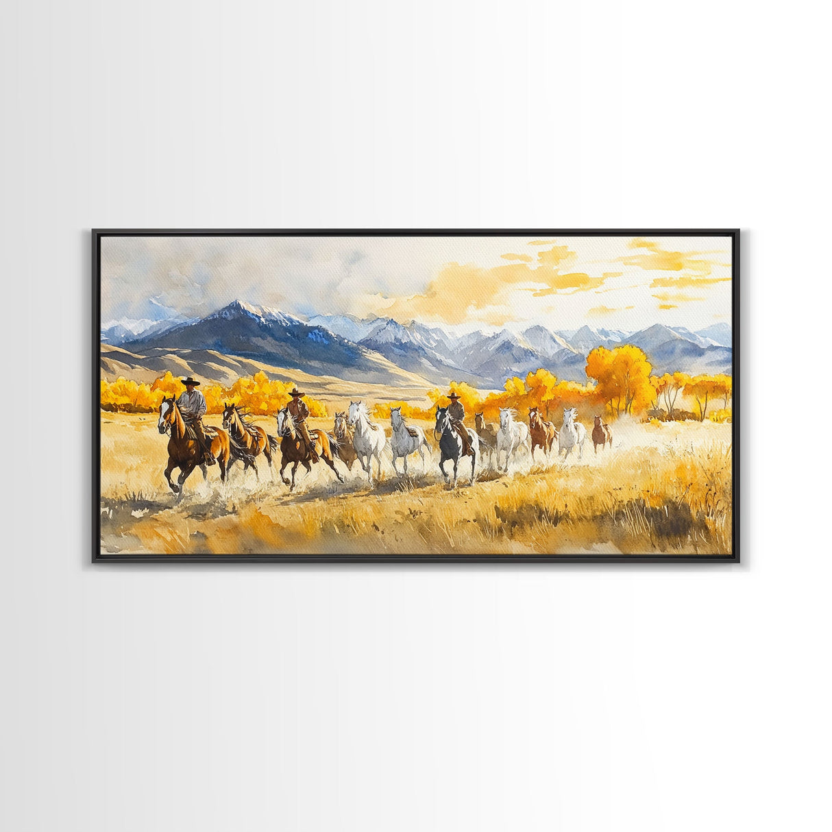 Western Cowboy Horse Drive Framed Canvas Print, Autumn Mountain Landscape with Riders and Horses in Golden Fall Light Wall Art