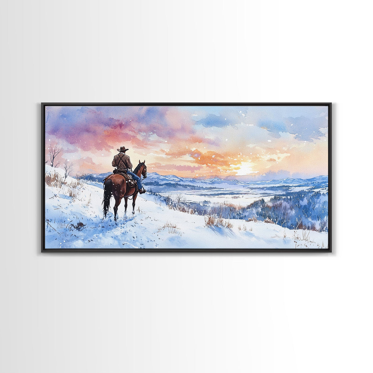 Lone Cowboy In Golden Prairie Framed Canvas Print Tall Art Rustic Autumn Landscape Western Country Decor Fall Home Wall Art Gift For Him