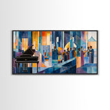 Abstract jazz party scene with grand piano, colorful stained glass aesthetic, framed canvas print ideal vibrant music wall art decor