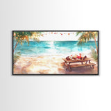 Beach Christmas decor picnic setup with palm trees and lights, framed canvas print showcasing tropical coastal holiday art decor