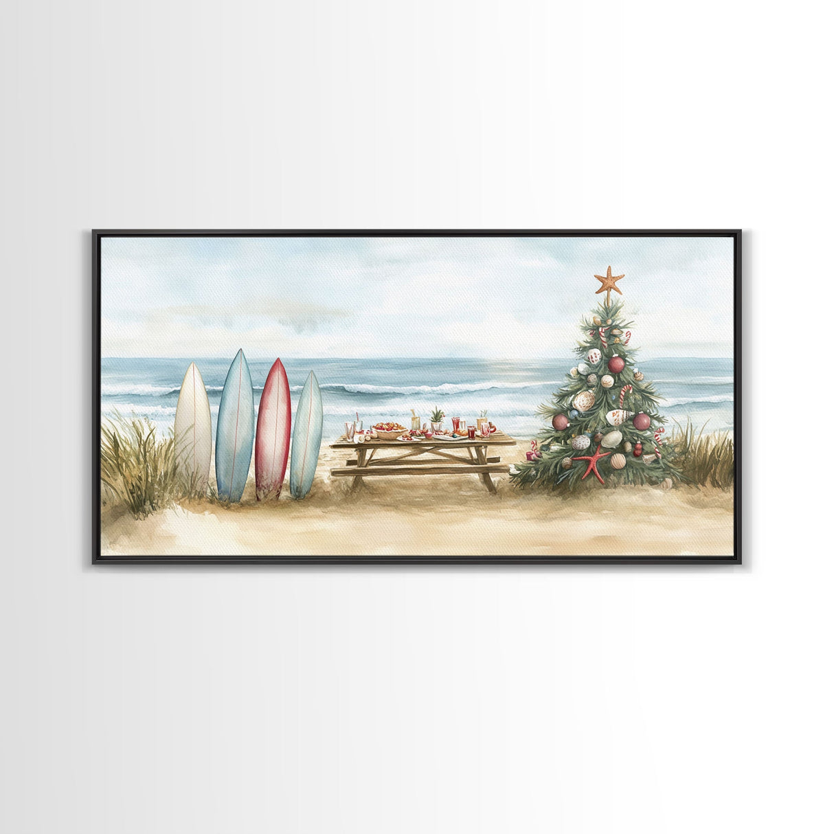 Surfboards and decorated tree on the beach, framed canvas print perfect coastal Christmas vacation decor holiday wall art