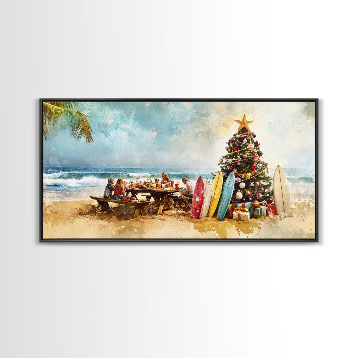 Christmas family picnic by the beach with surfboards and tree, framed canvas print tropical coastal holiday beach Christmas decor