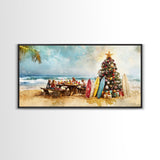 Christmas family picnic by the beach with surfboards and tree, framed canvas print tropical coastal holiday beach Christmas decor