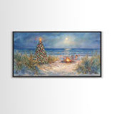 Beach Christmas family gathering by the ocean and bonfire, framed canvas print featuring tropical holiday decor wall art