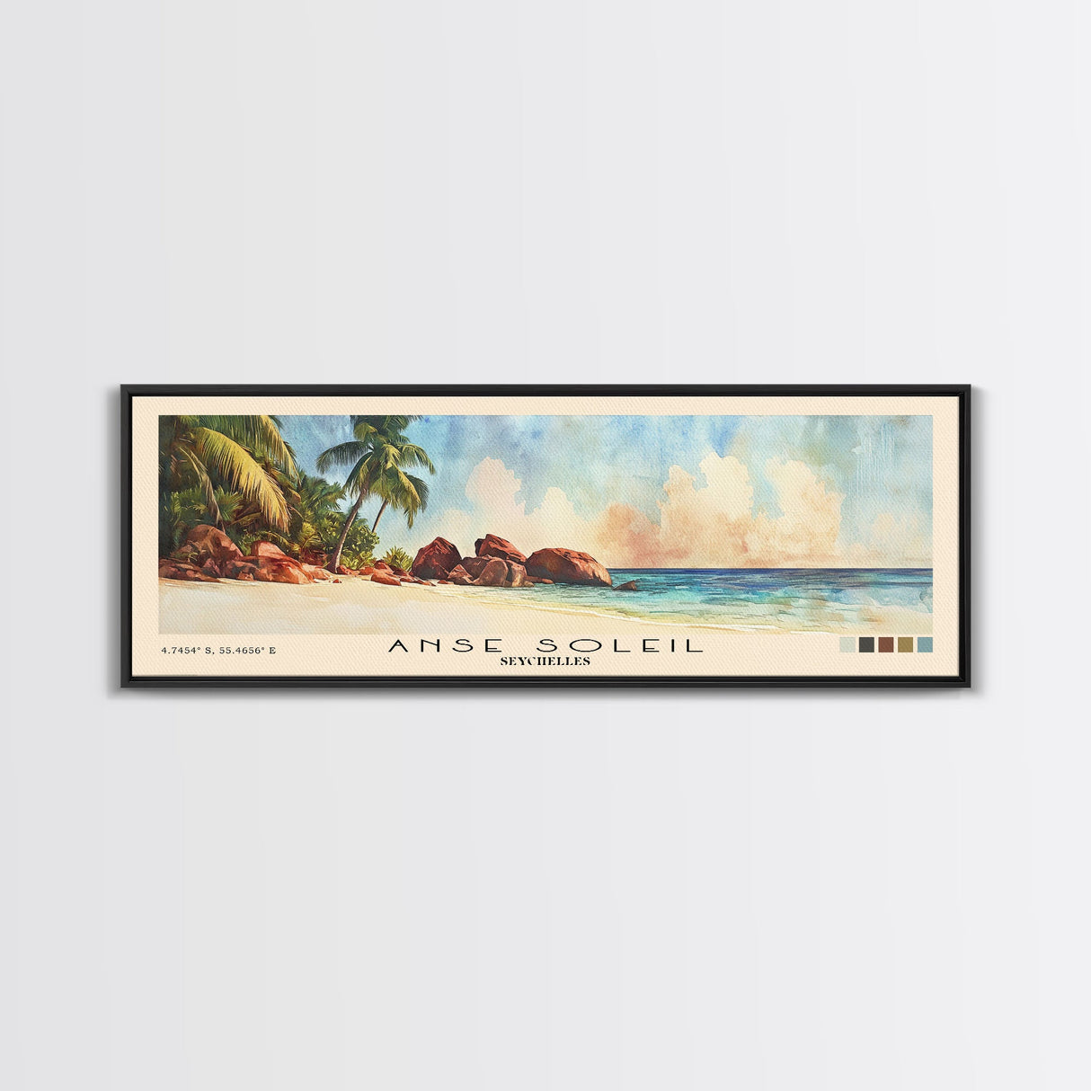 Anse Soleil, Seychelles Watercolor Beach Print, Vacation Gift, Seychelles Wall Art, Framed Canvas Print, Framed Beach Painting