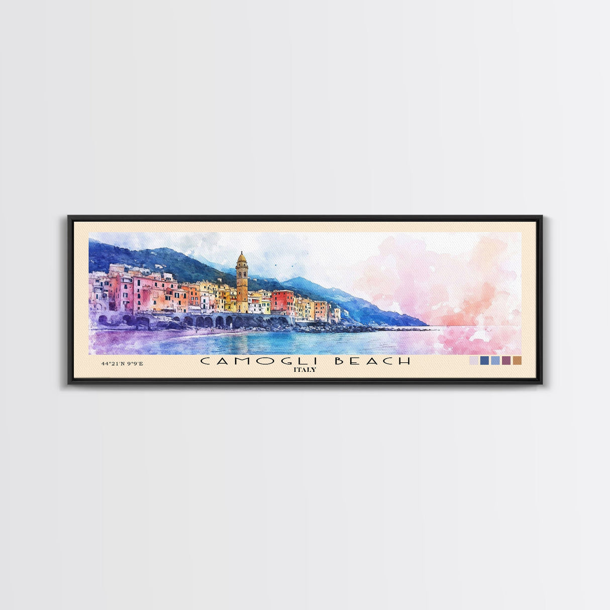 Camogli Beach, Italy Watercolor Beach Print, Vacation Gift, Italy Wall Art, Framed Canvas Print, Framed Beach Painting