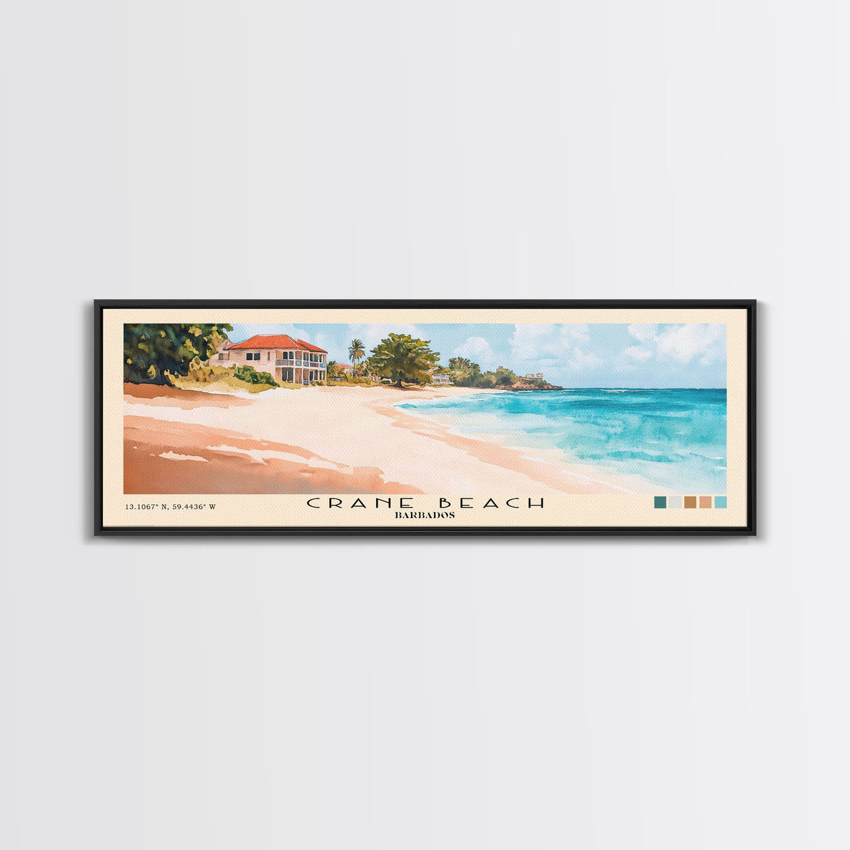 Crane Beach, Barbados Watercolor Beach Print, Vacation Gift, Barbados Wall Art, Framed Canvas Print, Framed Beach Painting