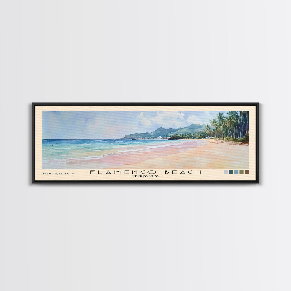 Flamenco Beach, Puerto Rico Watercolor Beach Print, Vacation Gift, Puerto Rico Wall Art, Framed Canvas Print, Framed Beach Painting