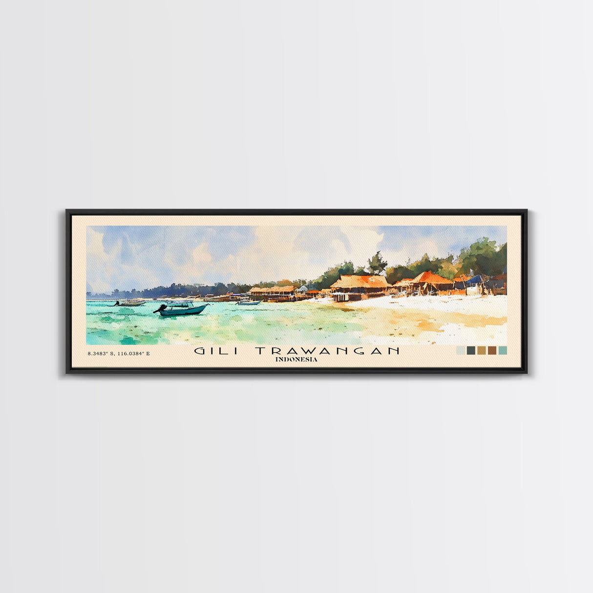 Gili Trawangan, Indonesia Watercolor Beach Print, Vacation Gift, Indonesia Wall Art, Framed Canvas Print, Framed Beach Painting