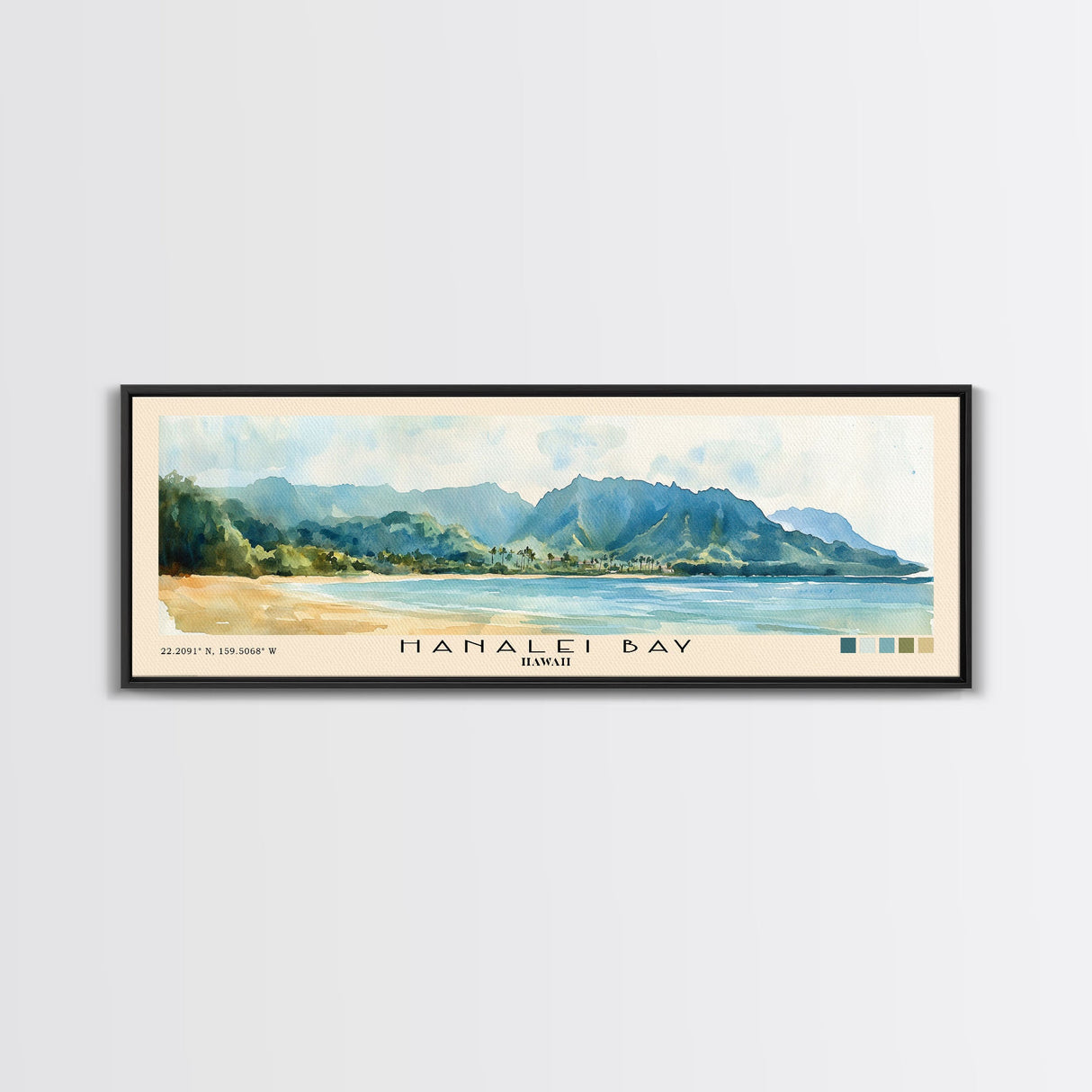 Hanalei Bay, Hawaii Watercolor Beach Print, Vacation Gift, Hawaii Wall Art, Framed Canvas Print, Framed Beach Painting