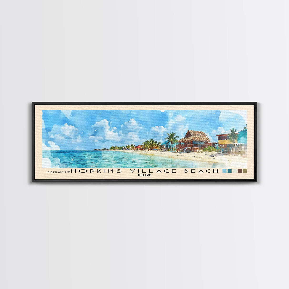 Hopkins Village Beach, Belize Watercolor Beach Print, Vacation Gift, Belize Wall Art, Framed Canvas Print, Framed Beach Painting