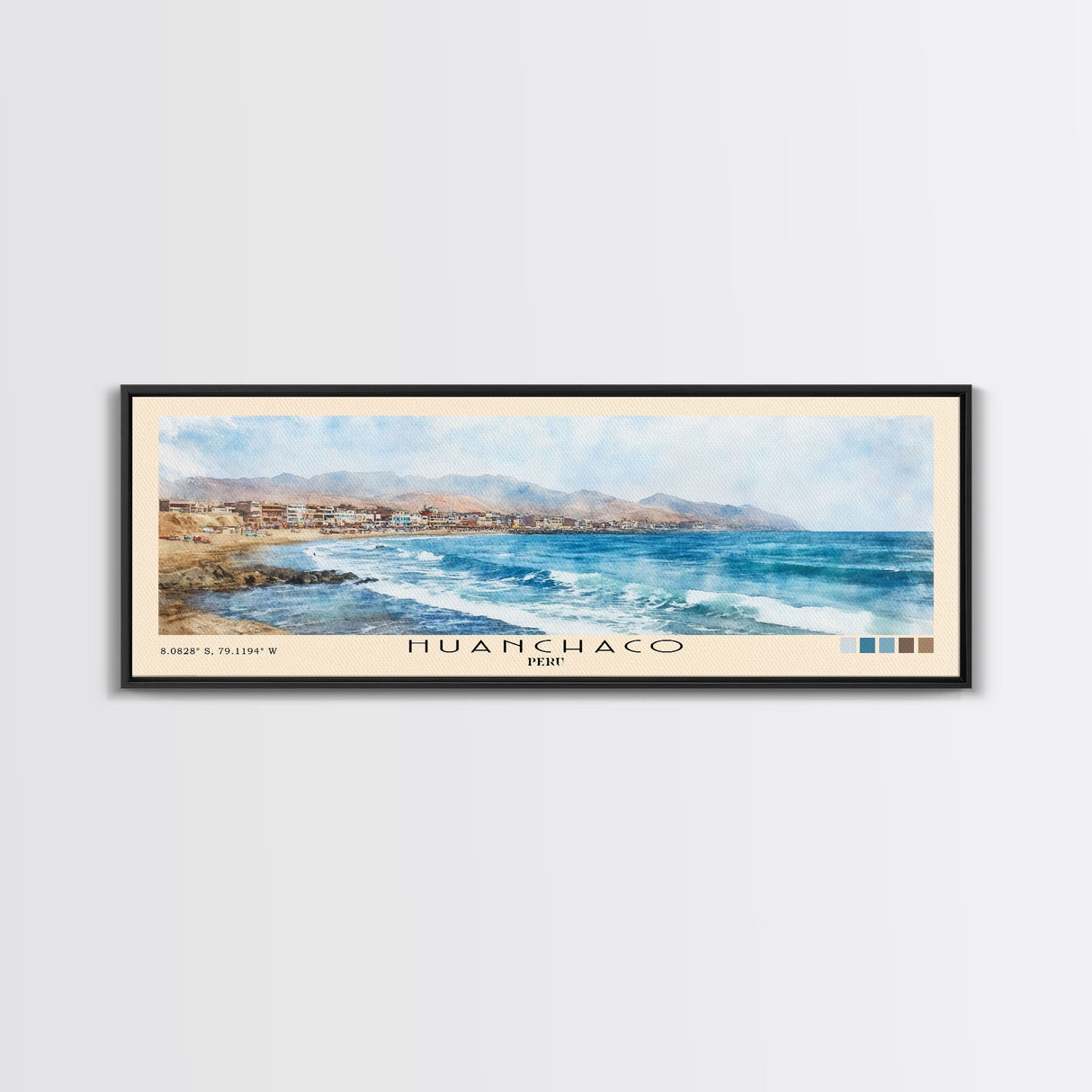 Huanchaco, Peru Watercolor Beach Print, Vacation Gift, Peru Wall Art, Framed Canvas Print, Framed Beach Painting