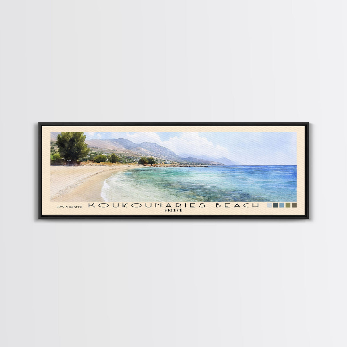 Koukounaries Beach, Greece Watercolor Beach Print, Vacation Gift, Greece Wall Art, Framed Canvas Print, Framed Beach Painting