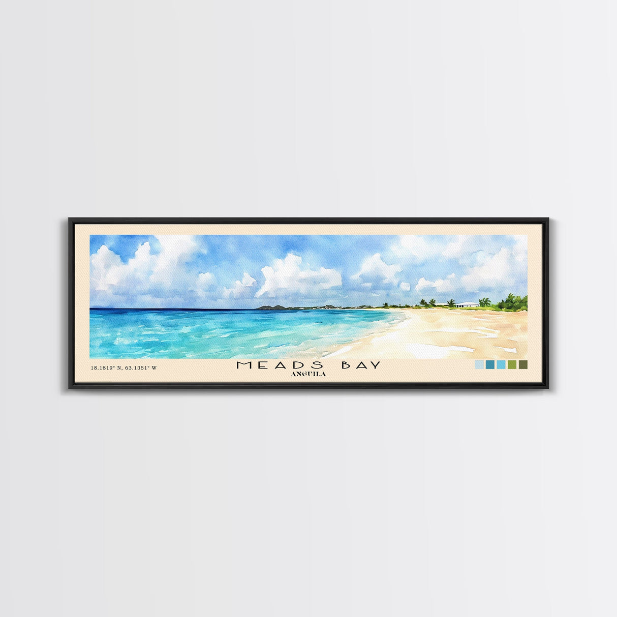 Meads Bay, Anguila Watercolor Beach Print, Vacation Gift, Anguila Wall Art, Framed Canvas Print, Framed Beach Painting