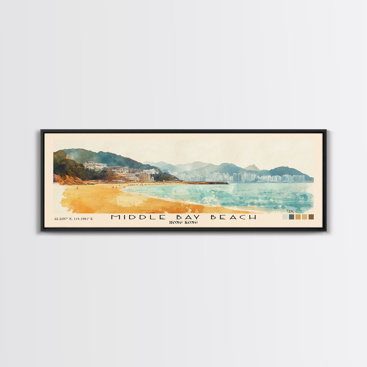 Middle Bay Beach, Hong Kong Watercolor Print, Vacation Gift, Hong Kong Wall Art, Beach Painting, Beach Decor, Large Wall Art, Wood Frame Art