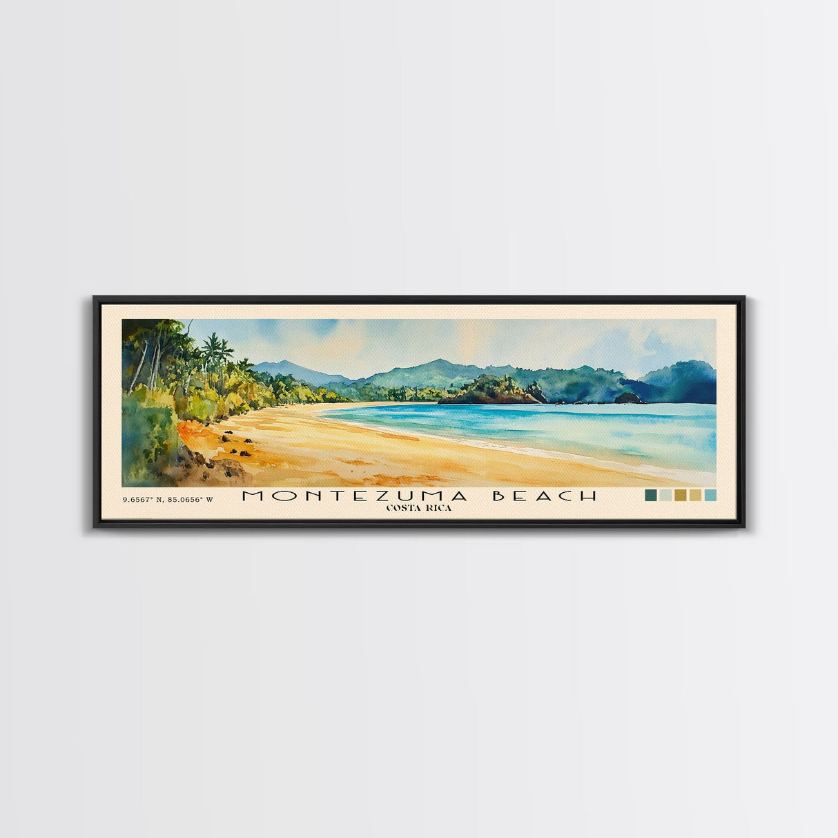 Montezuma Beach, Costa Rica Watercolor Beach Print, Vacation Gift, Costa Rica Wall Art, Framed Canvas Print, Framed Beach Painting