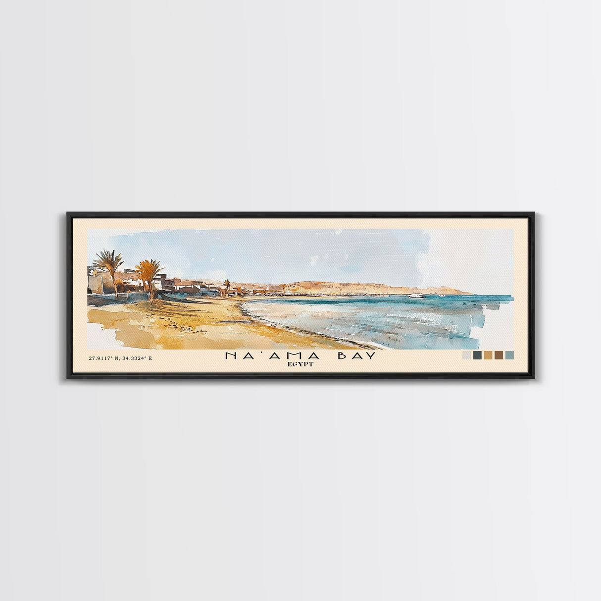 Na’ama Bay, Egypt Watercolor Beach Print, Vacation Gift, Egypt Wall Art, Framed Canvas Print, Framed Beach Painting