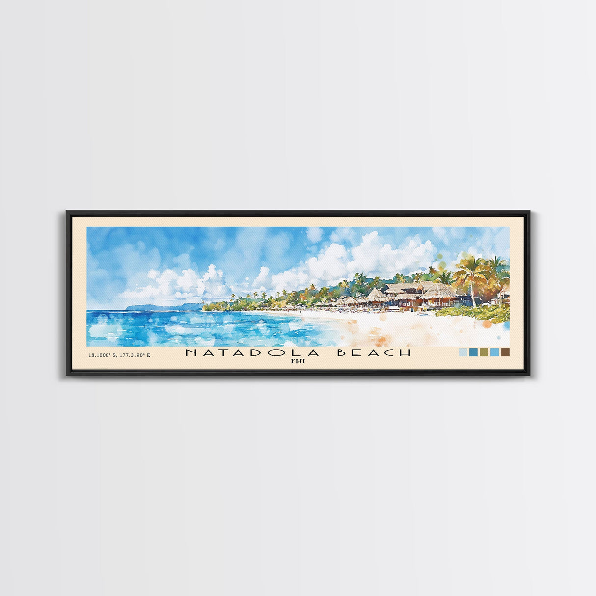 Natadola Beach, Fiji Watercolor Beach Print, Vacation Gift, Fiji Wall Art, Framed Canvas Print, Framed Beach Painting