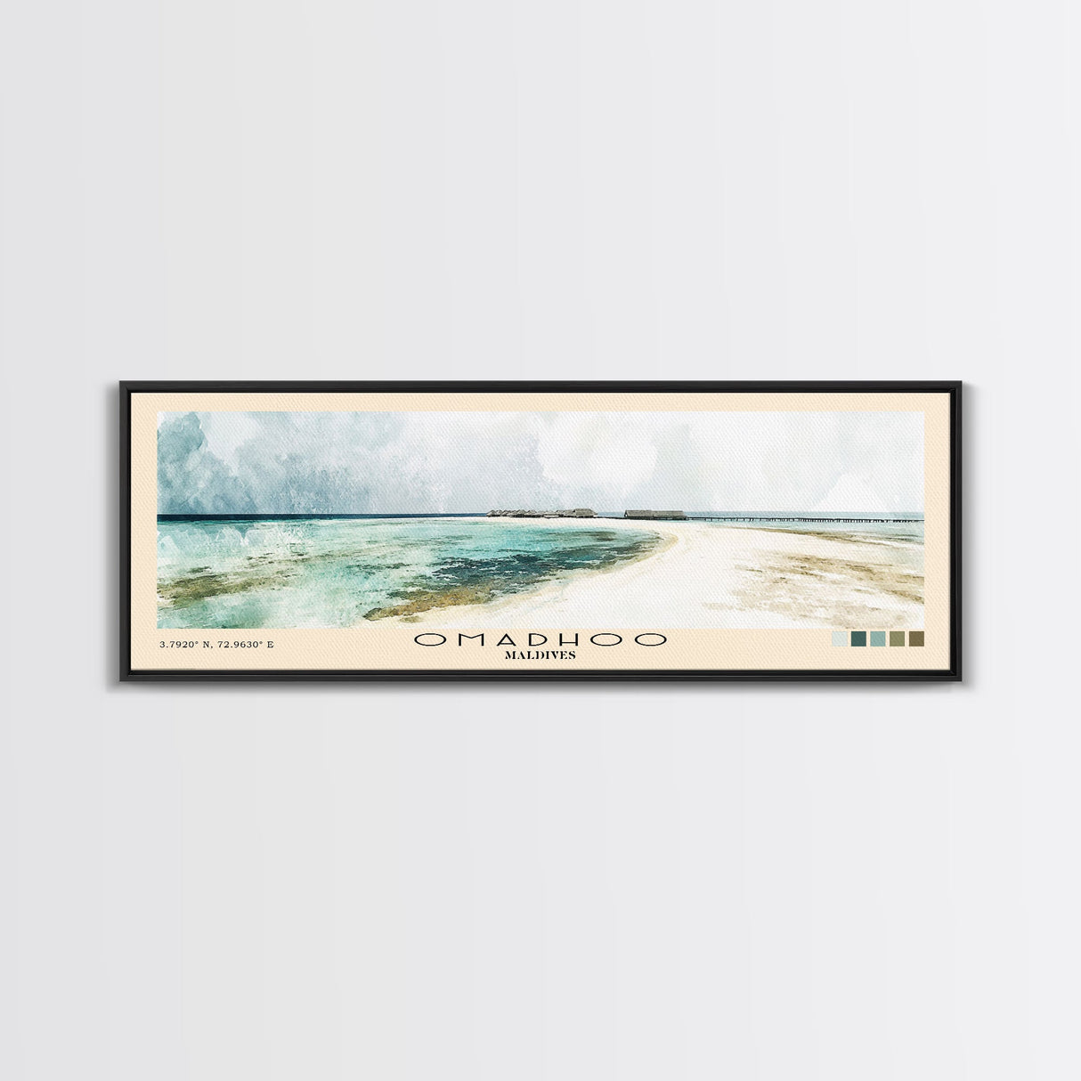 Omadhoo, Maldives Watercolor Print, Vacation Gift, Maldives Wall Art, Beach Painting, Beach Decor, Large Wall Art, Wood Frame Art