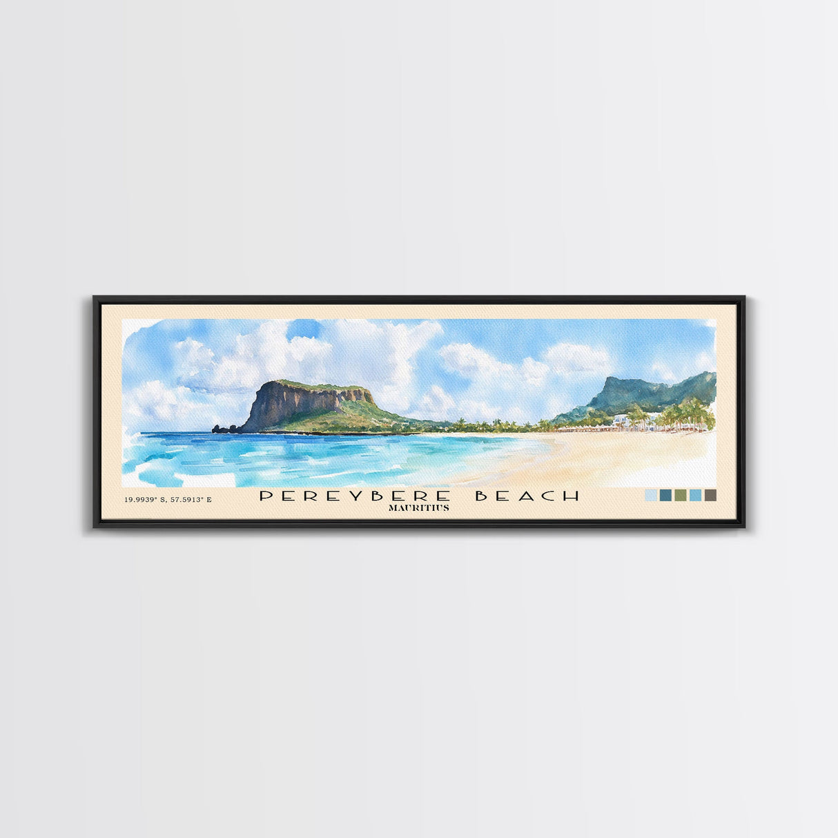 Pereybere Beach, Mauritius Watercolor Beach Print, Vacation Gift, Mauritius Wall Art, Framed Canvas Print, Framed Beach Painting