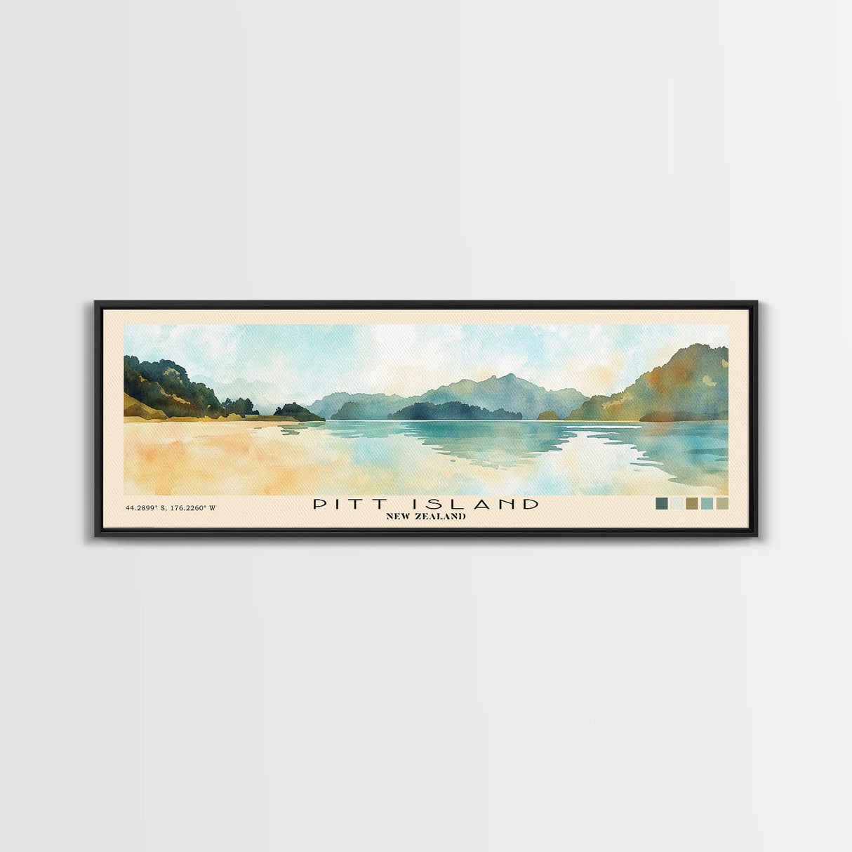 Pitt Island, New Zealand Watercolor Beach Print, Vacation Gift, New Zealand Wall Art, Framed Canvas Print, Framed Beach Painting