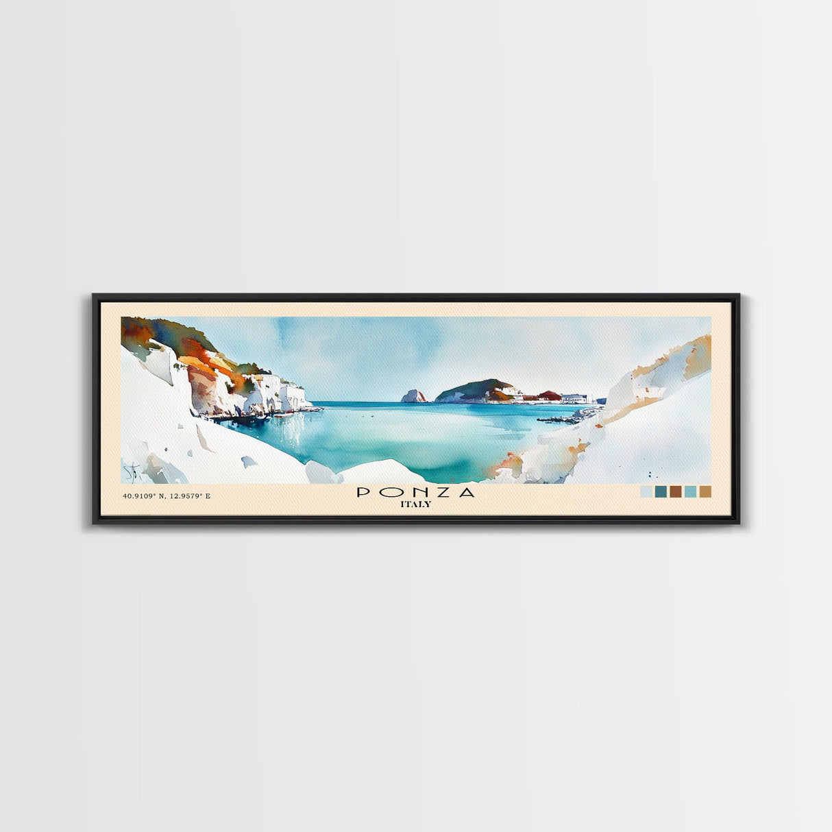 Ponza, Italy Watercolor Beach Print, Vacation Gift, Italy Wall Art, Framed Canvas Print, Framed Beach Painting