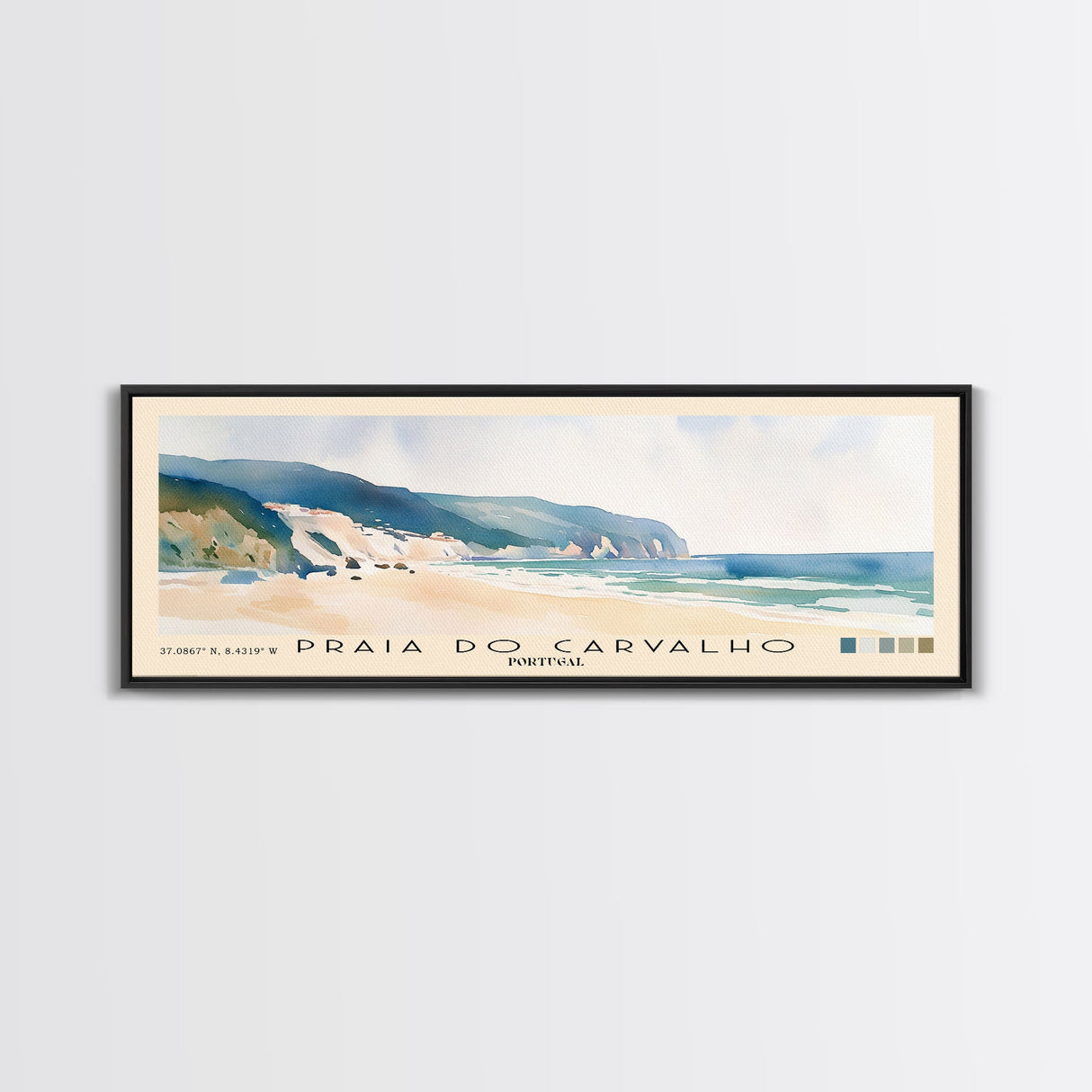 Praia do Carvalho, Portugal Watercolor Beach Print, Vacation Gift, Portugal Wall Art, Framed Canvas Print, Framed Beach Painting