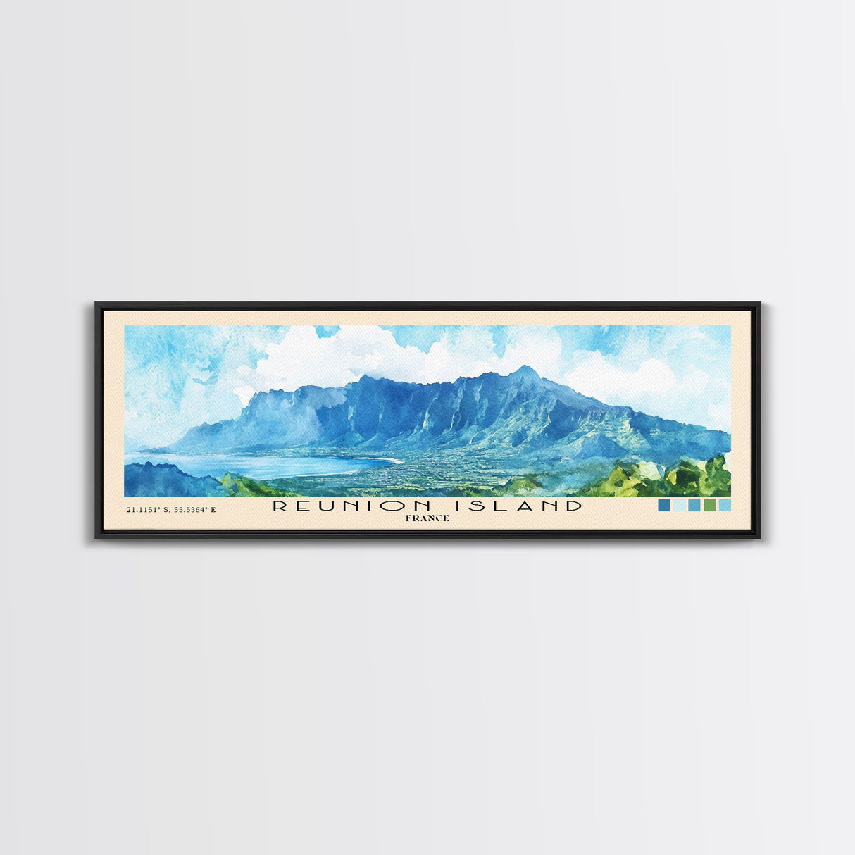 Reunion Island, France Watercolor Beach Print, Vacation Gift, France Wall Art, Framed Canvas Print, Framed Beach Painting