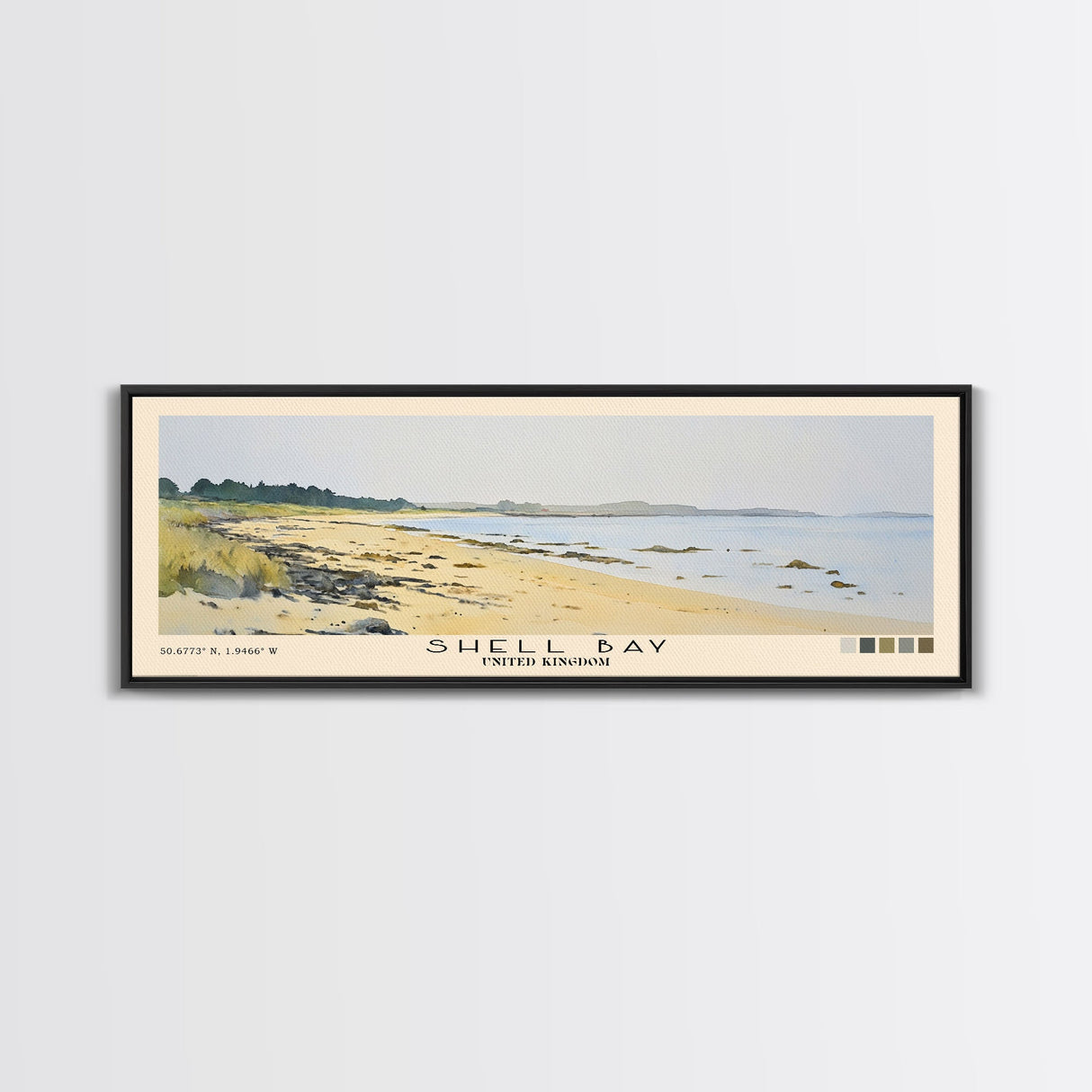 Shell Bay, United Kingdom Watercolor Beach Print, Vacation Gift, United Kingdom Wall Art, Framed Canvas Print, Framed Beach Painting