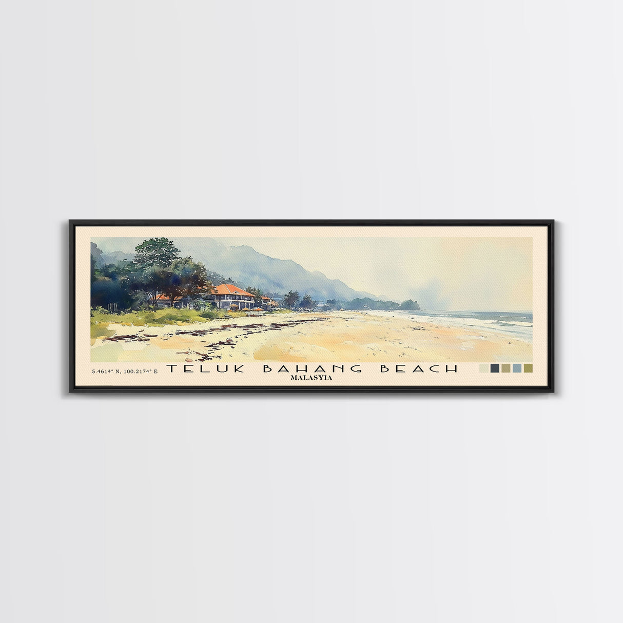 Teluk Bahang Beach, Malasyia Watercolor Print, Vacation Gift, Malasyia Wall Art, Beach Painting, Beach Decor, Large Wall Art, Wood Frame Art