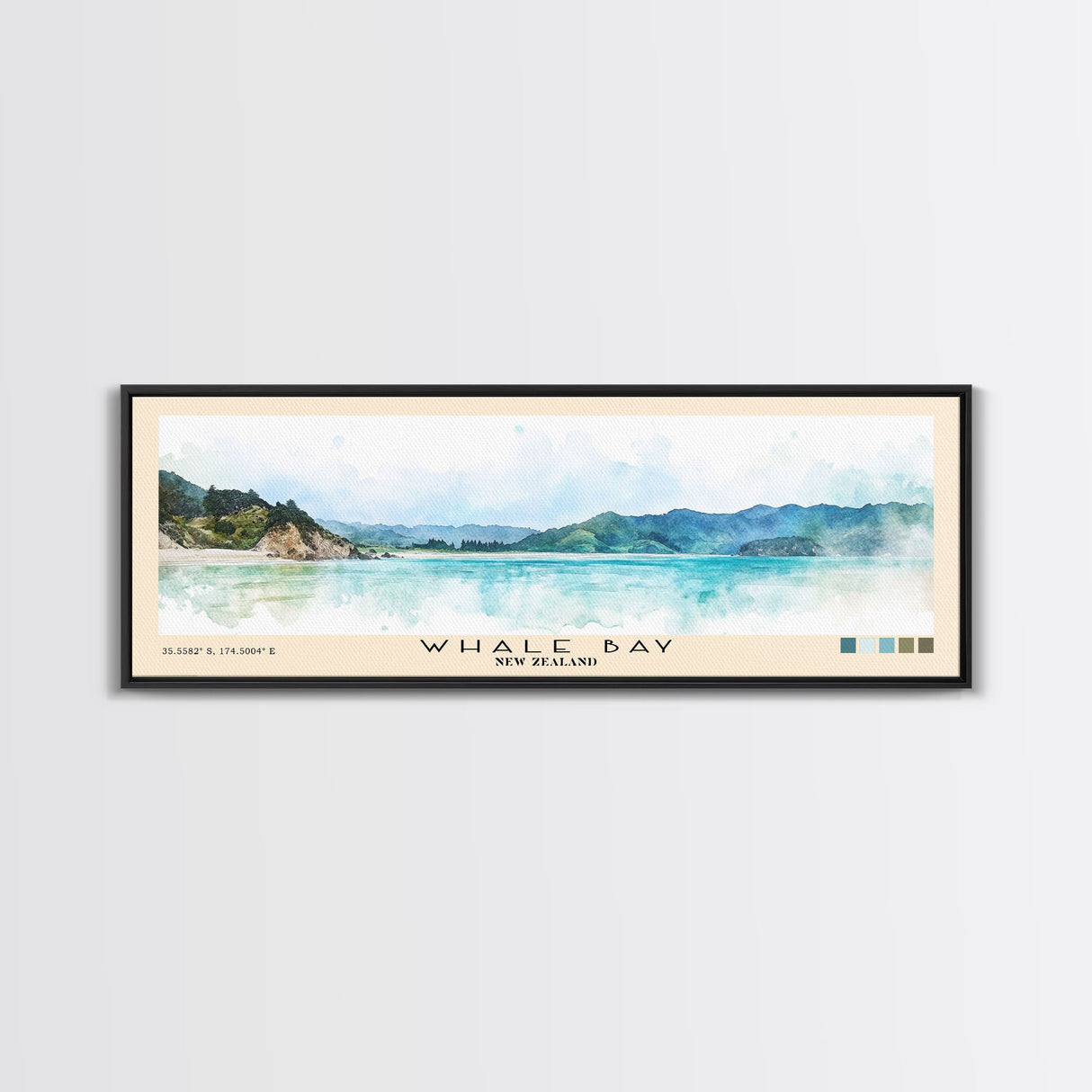 Whale Bay, New Zealand Watercolor Print, Vacation Gift, New Zealand Wall Art, Beach Painting, Beach Decor, Large Wall Art, Wood Frame Art