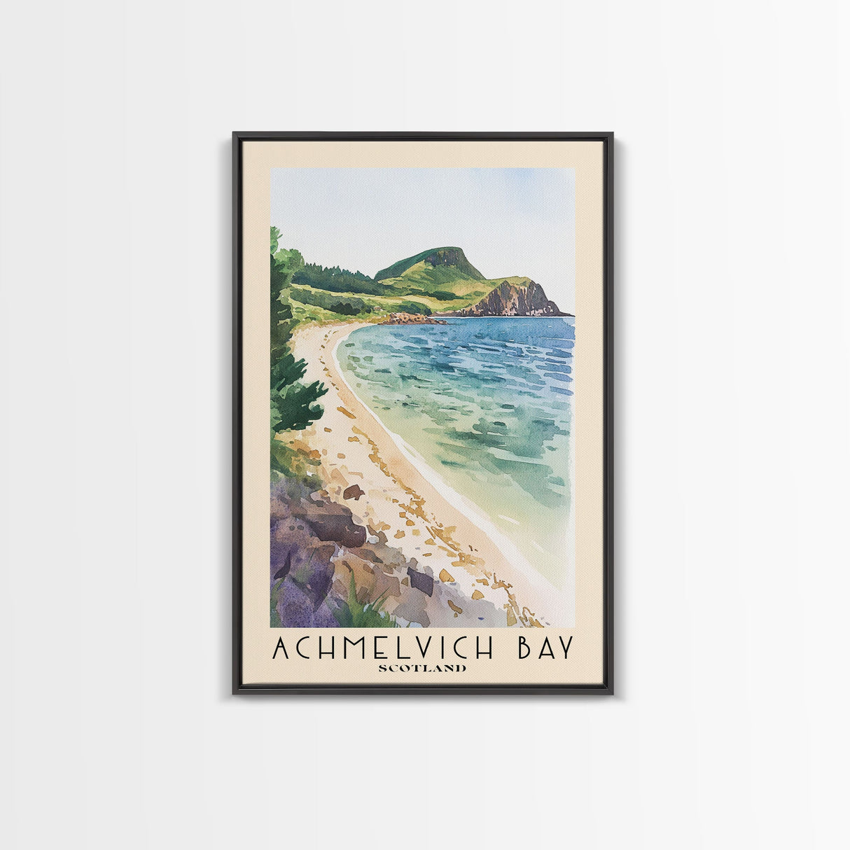 Achmelvich Bay, Scotland Watercolor Print, Vacation Gift, Scotland Wall Art, Beach Painting, Beach Decor, Large Wall Art, Wood Frame Art