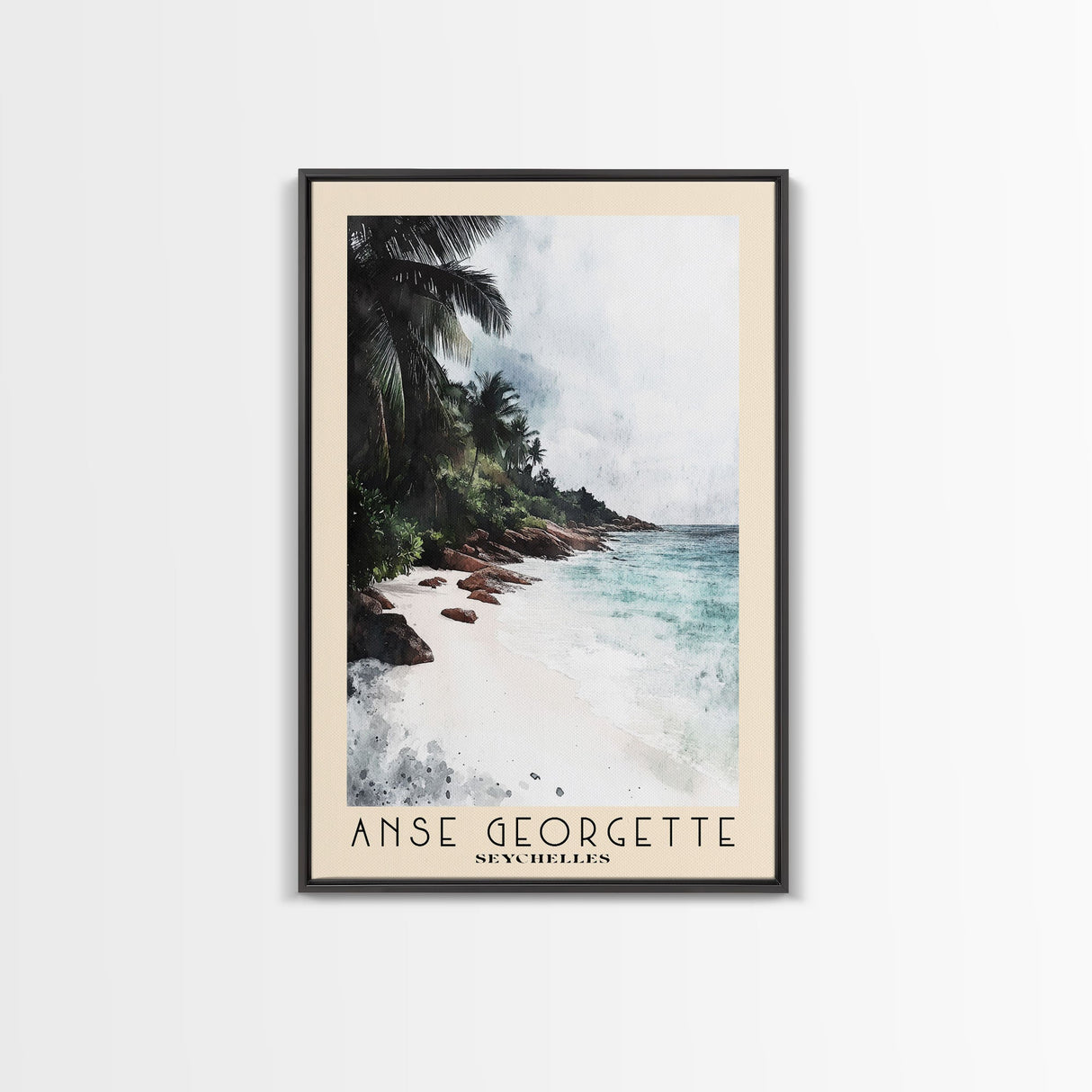 Anse Georgette, Seychelles Watercolor Beach Print, Vacation Gift, Seychelles Wall Art, Framed Canvas Print, Framed Beach Painting