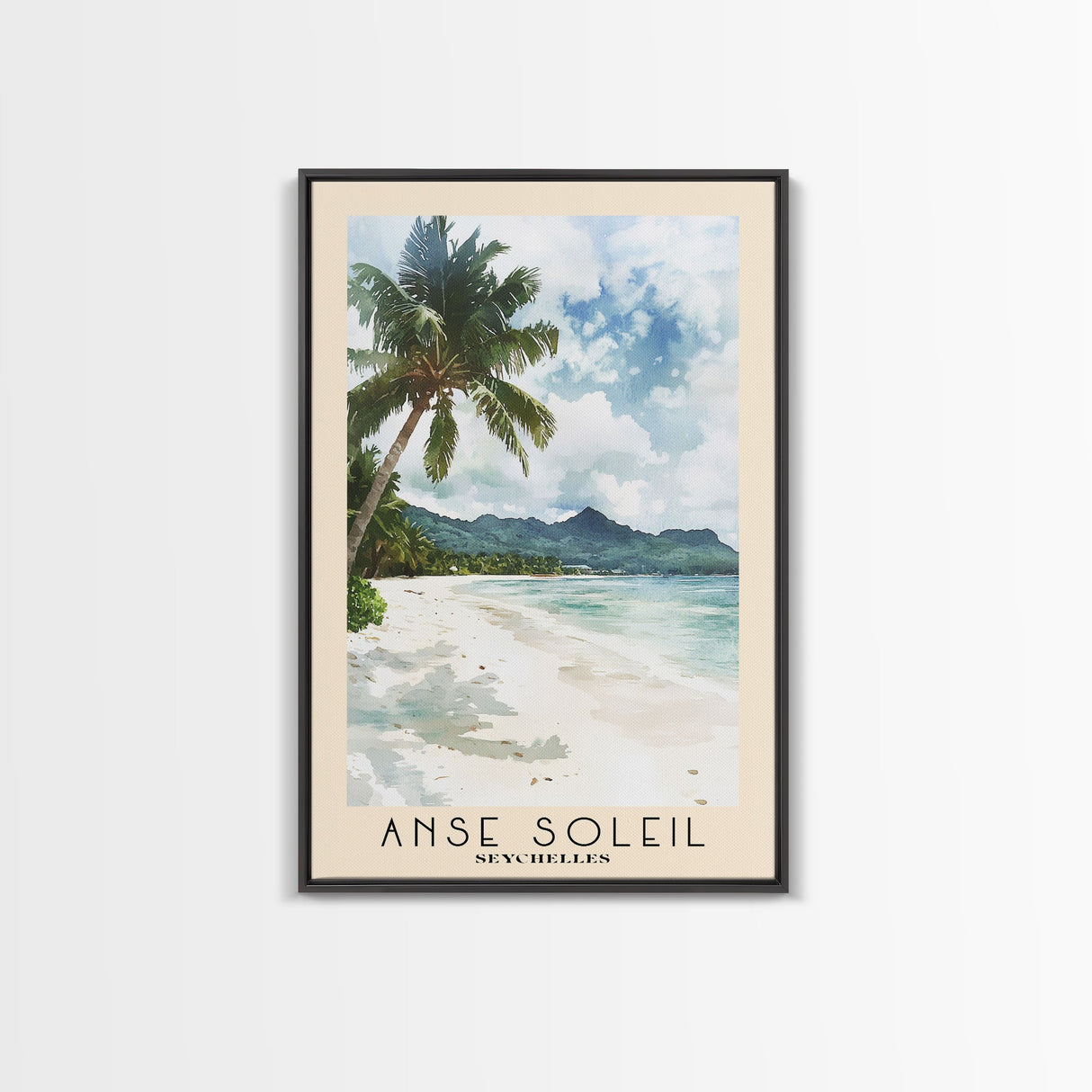 Anse Soleil, Seychelles Watercolor Beach Print, Vacation Gift, Seychelles Wall Art, Framed Canvas Print, Framed Beach Painting