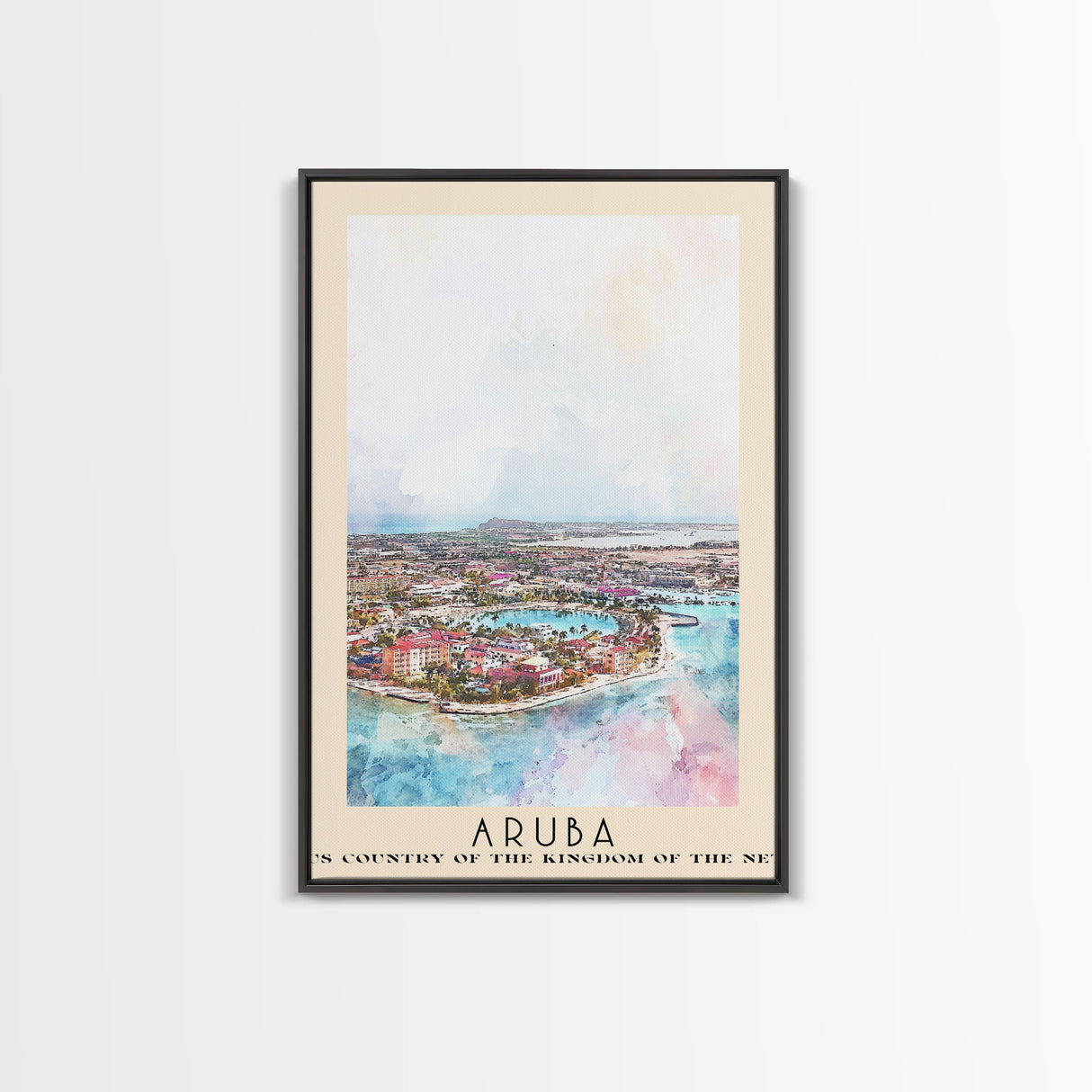 Aruba, autonomous country of the Kingdom of the Netherlands Watercolor Beach Print, Vacation Gift, autonomous country of the Kingdom of the Netherlands Wall Art, Framed Canvas Print, Framed Beach Painting