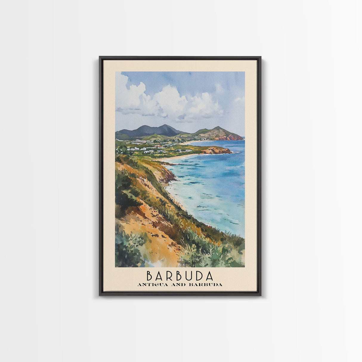 Barbuda, Antigua and Barbuda Watercolor Beach Print, Vacation Gift, Antigua and Barbuda Wall Art, Framed Canvas Print, Framed Beach Painting