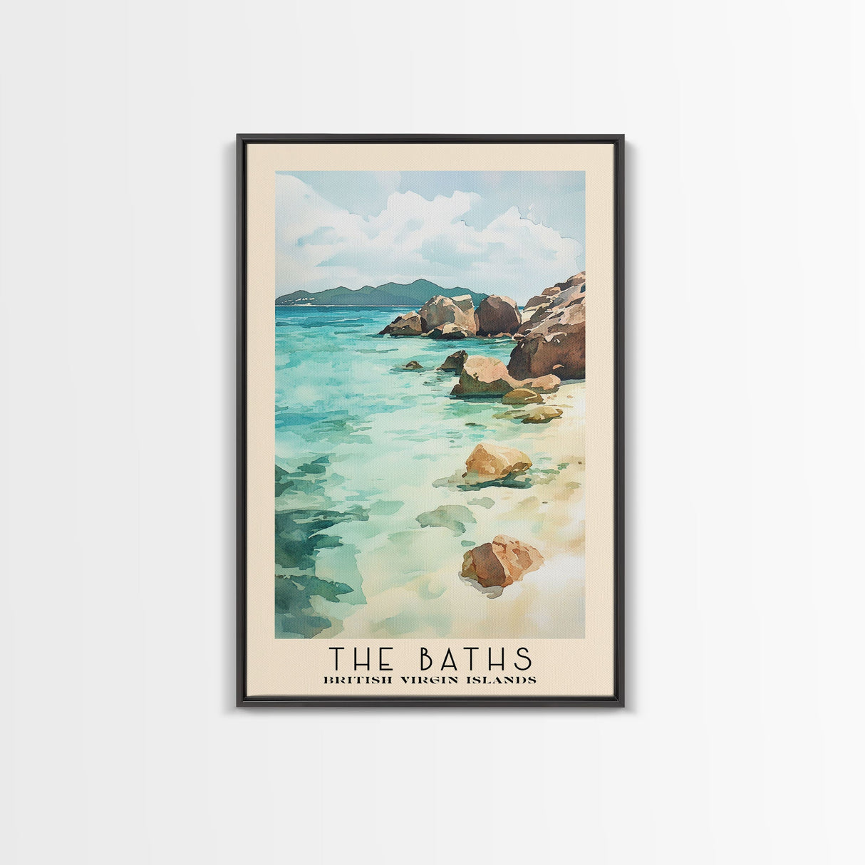 The Baths, British Virgin Islands Watercolor Beach Print, Vacation Gift, British Virgin Islands Wall Art, Framed Canvas Print, Framed Beach Painting