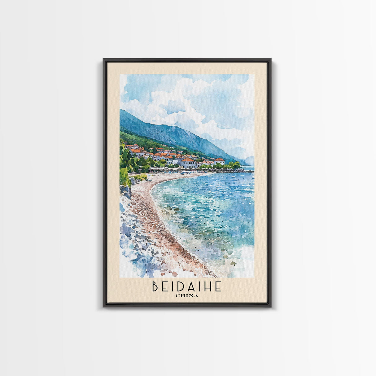 Beidaihe, China Watercolor Beach Print, Vacation Gift, China Wall Art, Framed Canvas Print, Framed Beach Painting