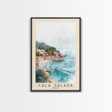 Cala Salada, Spain Watercolor Beach Print, Vacation Gift, Spain Wall Art, Framed Canvas Print, Framed Beach Painting