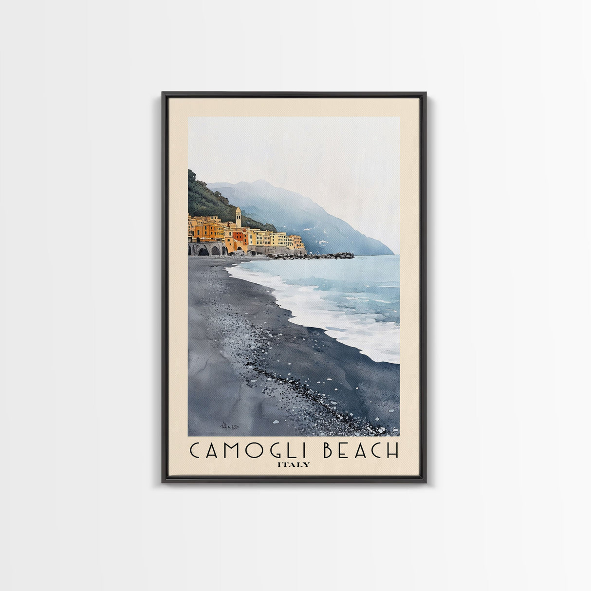 Camogli Beach, Italy Watercolor Beach Print, Vacation Gift, Italy Wall Art, Framed Canvas Print, Framed Beach Painting