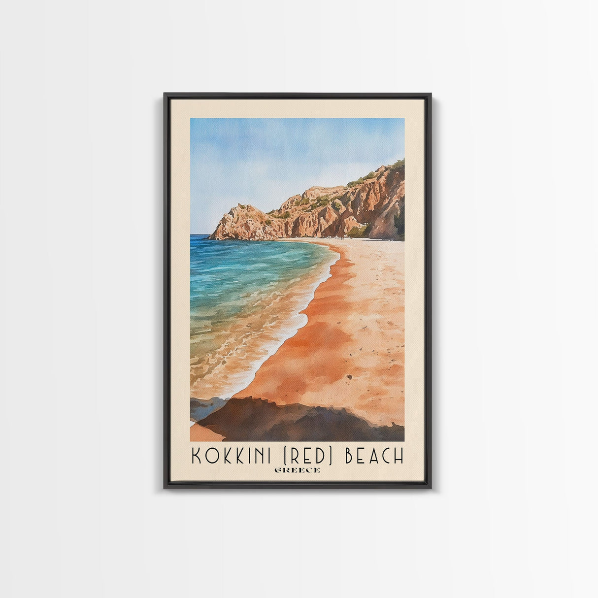 Kokkini (Red) Beach, Greece Watercolor Beach Print, Vacation Gift, Greece Wall Art, Framed Canvas Print, Framed Beach Painting