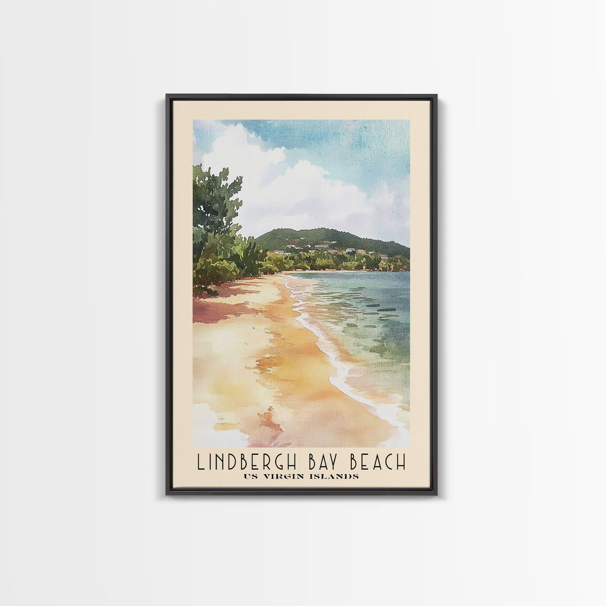 Lindbergh Bay Beach, US Virgin islands Watercolor Beach Print, Vacation Gift, US Virgin islands Wall Art, Framed Canvas Print, Framed Beach Painting