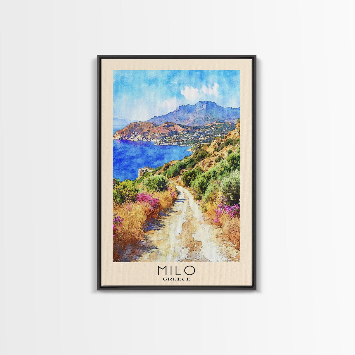 Milo, Greece Watercolor Beach Print, Vacation Gift, Greece Wall Art, Framed Canvas Print, Framed Beach Painting