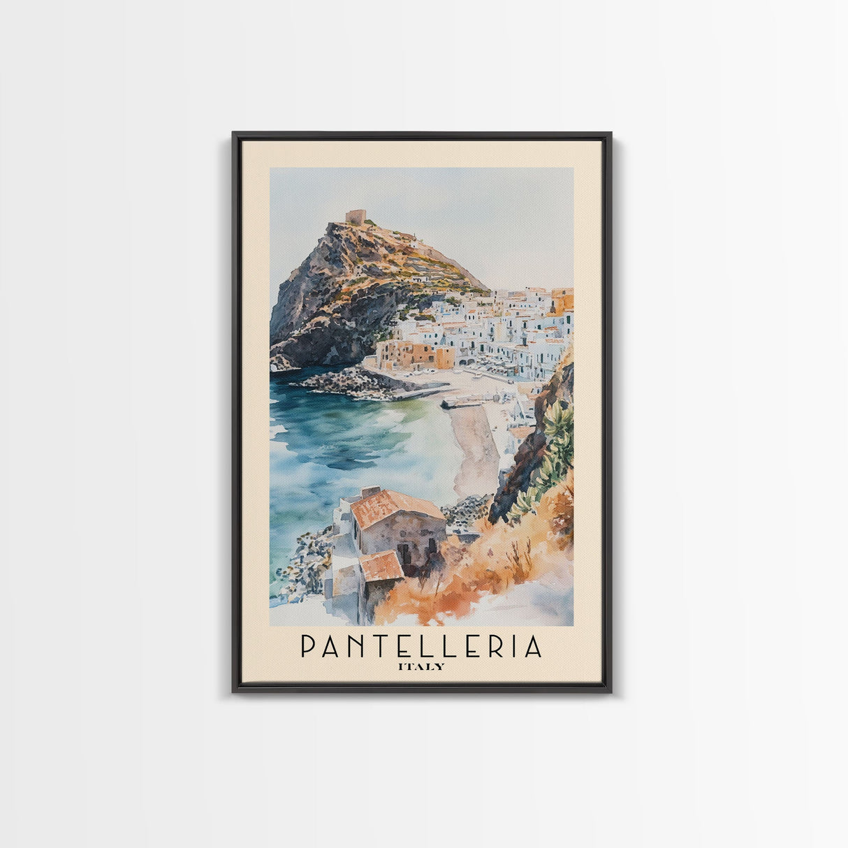 Pantelleria, Italy Watercolor Beach Print, Vacation Gift, Italy Wall Art, Framed Canvas Print, Framed Beach Painting