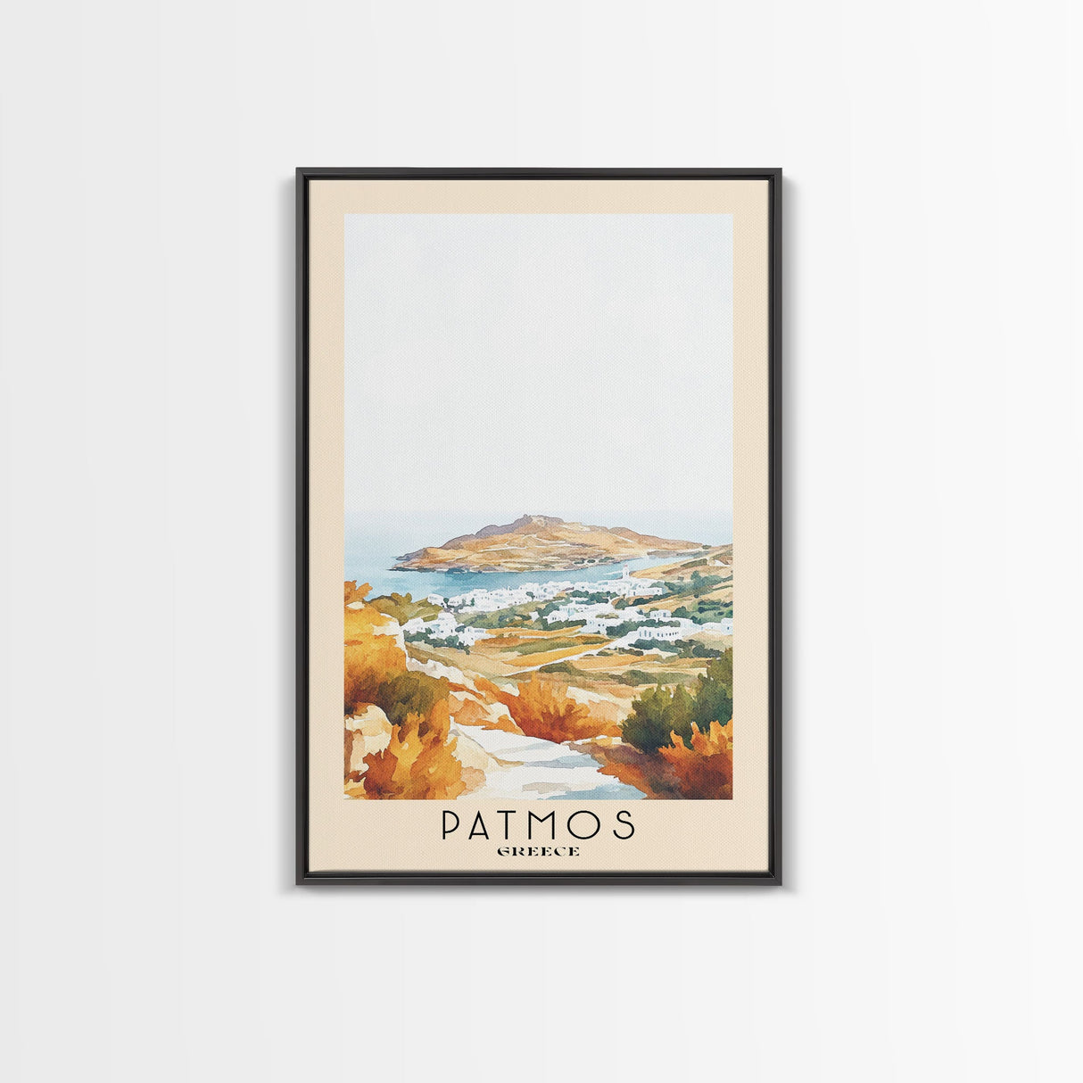 Patmos, Greece Watercolor Beach Print, Vacation Gift, Greece Wall Art, Framed Canvas Print, Framed Beach Painting