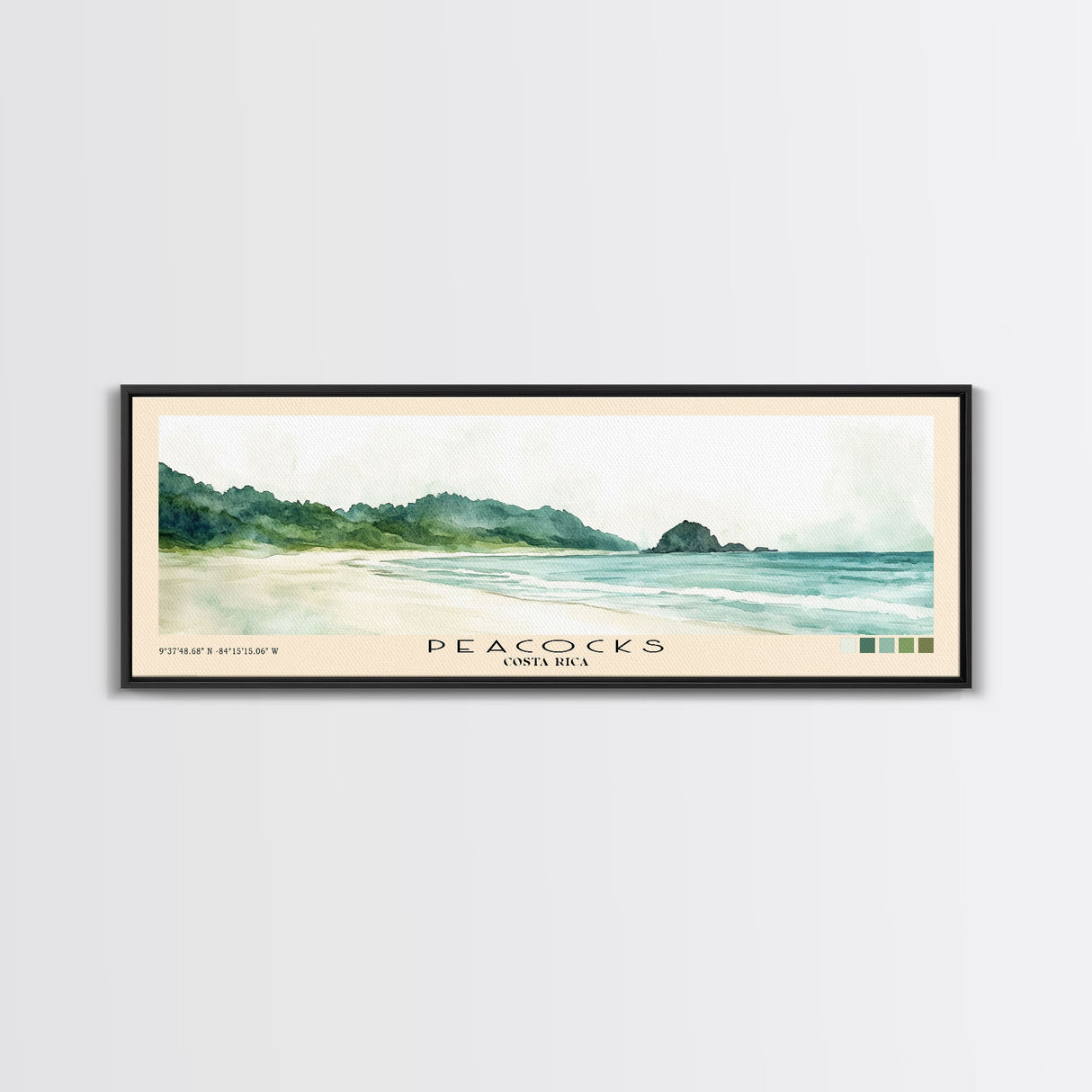 Peacocks, Costa Rica Watercolor Beach Print, Vacation Gift, Costa Rica Wall Art, Framed Canvas Print, Framed Beach Painting