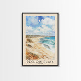 Pechón Playa, Spain Watercolor Print, Vacation Gift, Spain Wall Art, Beach Painting, Beach Decor, Large Wall Art, Wood Frame Art