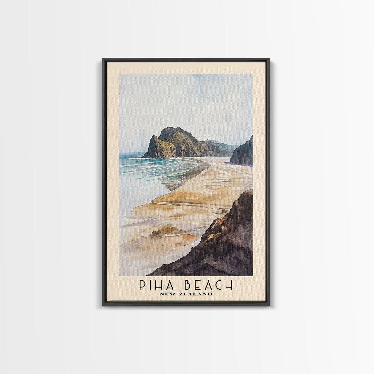 Piha Beach, New Zealand Watercolor Print, Vacation Gift, New Zealand Wall Art, Beach Painting, Beach Decor, Large Wall Art, Wood Frame Art