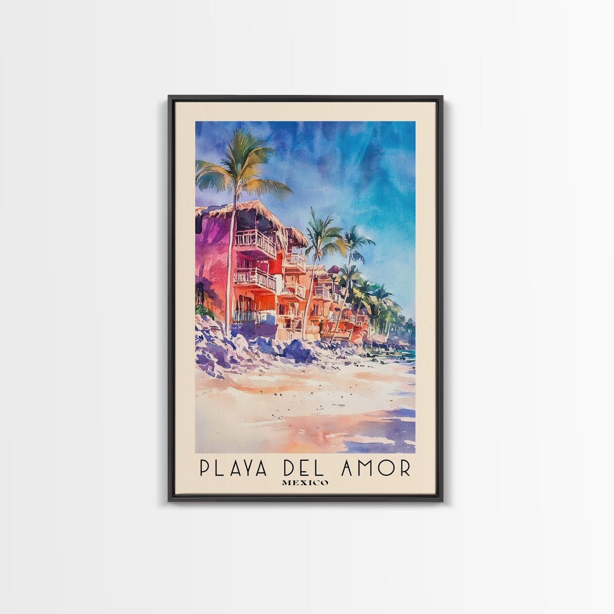 Playa del Amor, Mexico Watercolor Beach Print, Vacation Gift, Mexico Wall Art, Framed Canvas Print, Framed Beach Painting