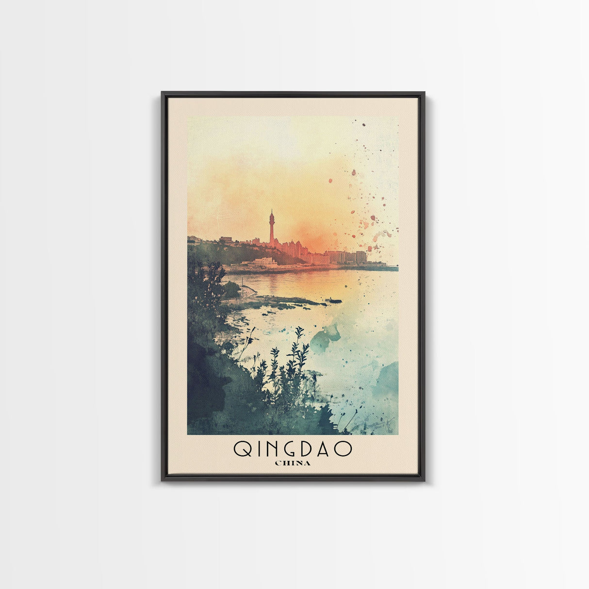 Qingdao, China Watercolor Beach Print, Vacation Gift, China Wall Art, Framed Canvas Print, Framed Beach Painting